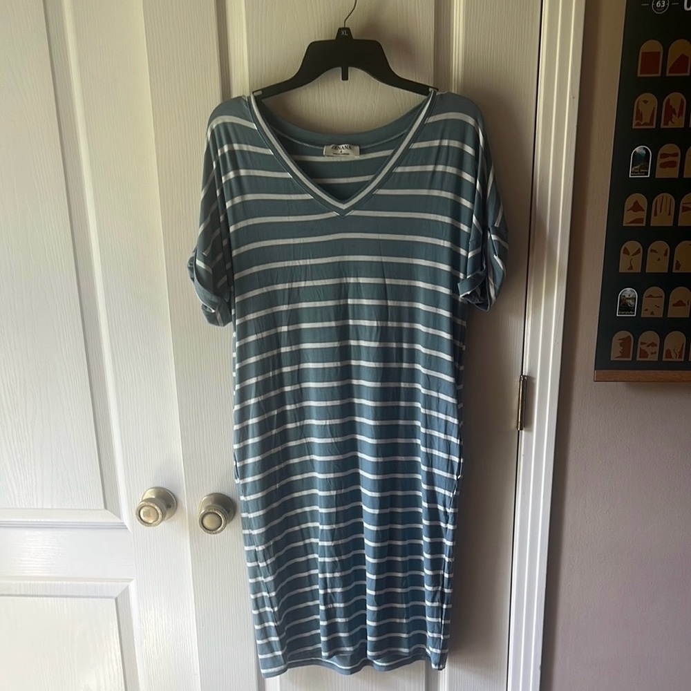 Zenana Outfitters Blue and White Striped V-Neck dress